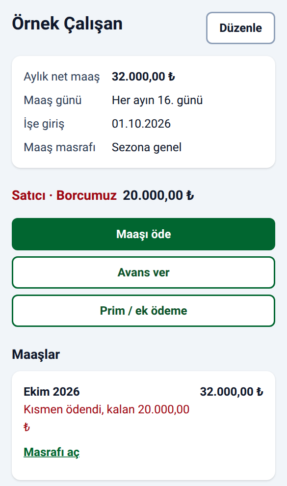 Gerçek çalışan ekranından kesit: 32.000 TL maaş, kısmi ödeme sonrası 20.000 TL kalan borç ve avans ile prim kısayolları