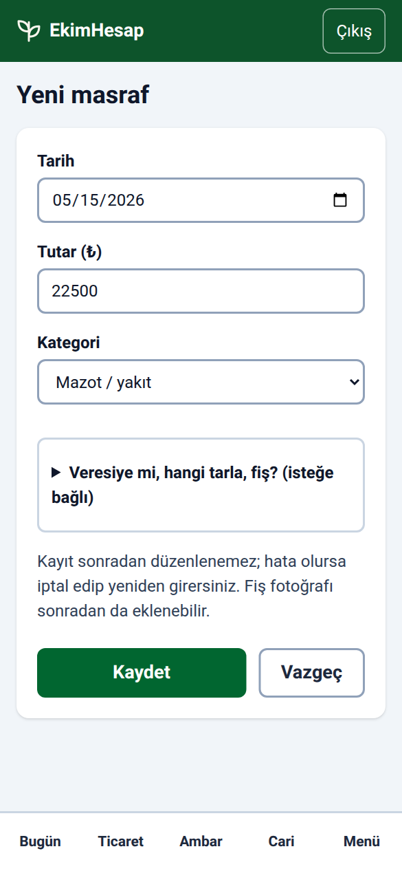 Mevcut uygulamanın telefondaki masraf giriş formu: tarih, tutar ve kategori alanları